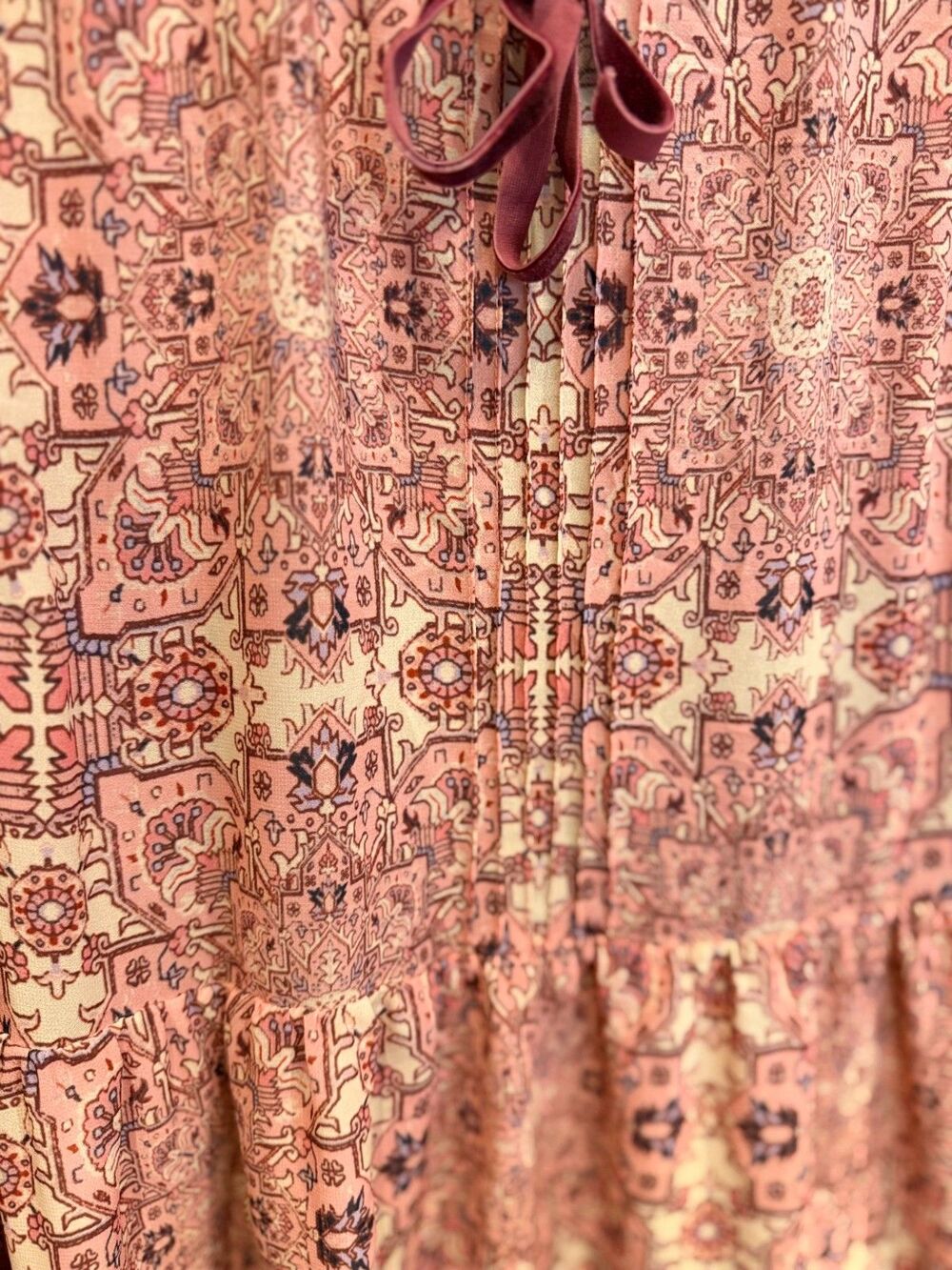 For Love & Lemons Pink Boho Babydoll Dress Velvet Tie Neck Long Sleeve Size L - Picture 5 of 8